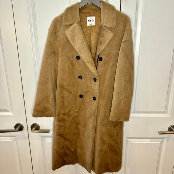 ZARA Light Brown Beige Faux Fur Long Coat Trench Blogger Favorite | Large - Picture 2 of 16